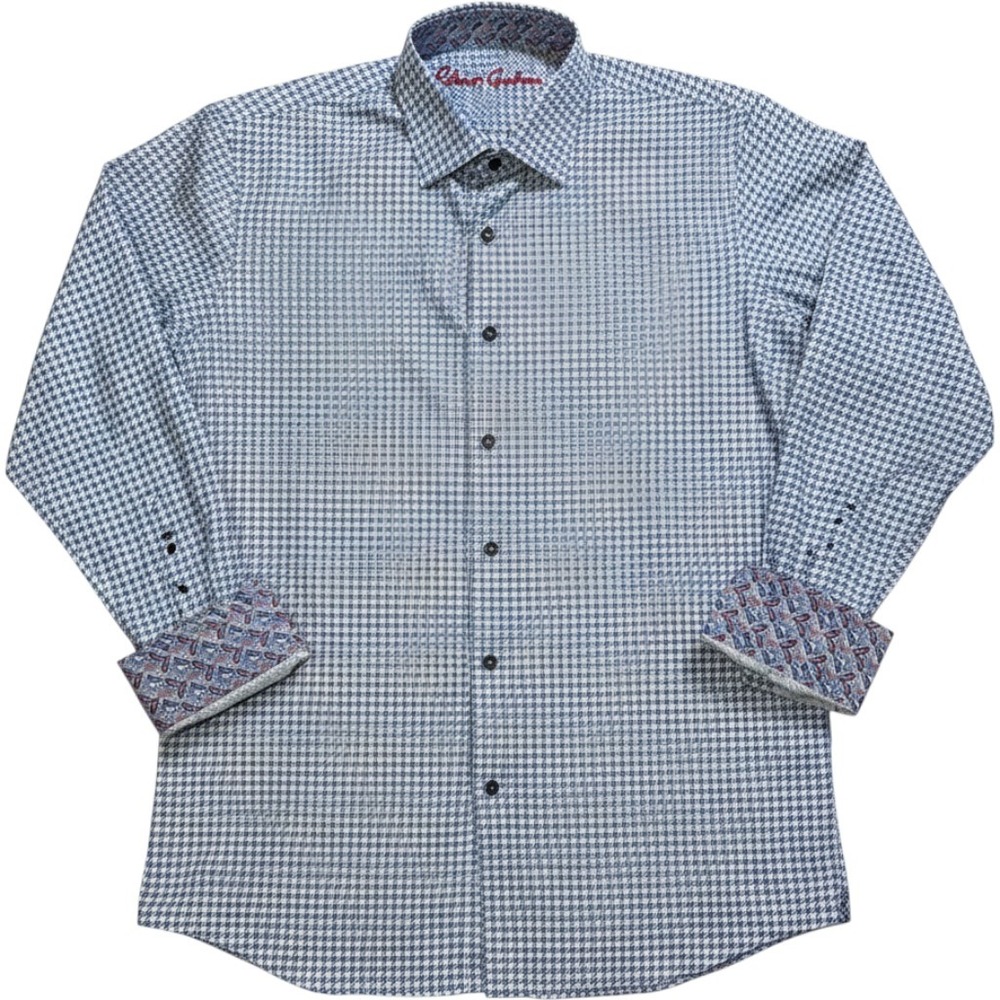 Robert Graham Boys Blue Houndstooth Button Down Shirt XL 18-20 Paisley Cuffs